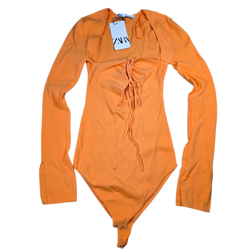 Zara Orange Lace Up Cutout Long Sleeve Ribbed Bodysuit Small 9598/051/615 NEW